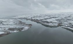 Kar yağışıyla beyaza bürünen Ilısu Barajı'nın çevresi dronla görüntülendi