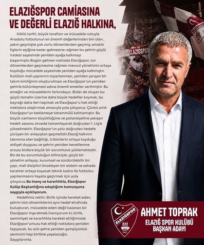 Elazığspor’da Başkanlık Yarışı: Ahmet Toprak Aday Oldu