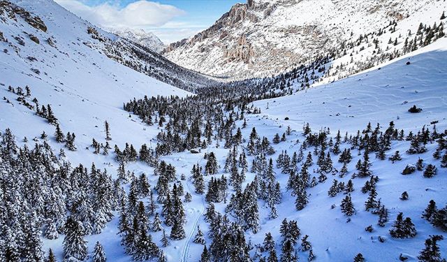 Kar yağışıyla beyaza bürünen Aladağlar Milli Parkı dronla görüntülendi