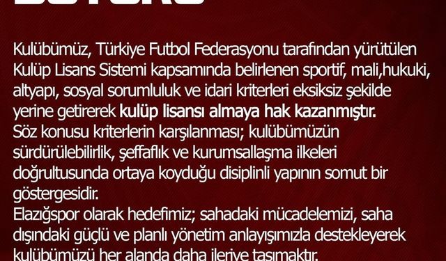Elazığspor İçin Kritik Eşik Aşıldı! TFF’den Lisans Onayı Geldi