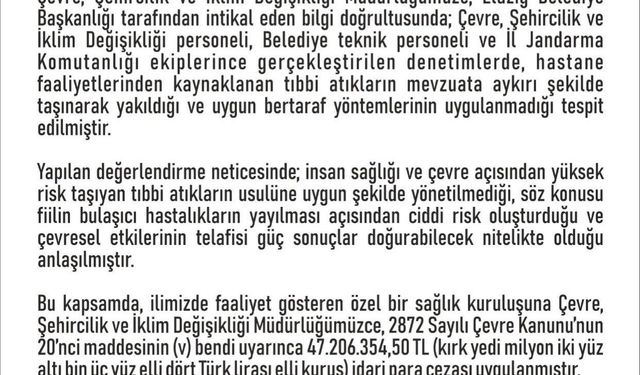 Elazığ Valiliği Duyurdu: O Hastaneye 47 Milyon TL Ceza