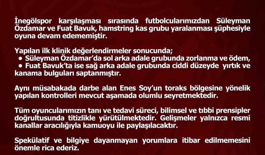 Elazığspor, Sakatlanan Futbolcularına Yönelik Açıklama Yaptı