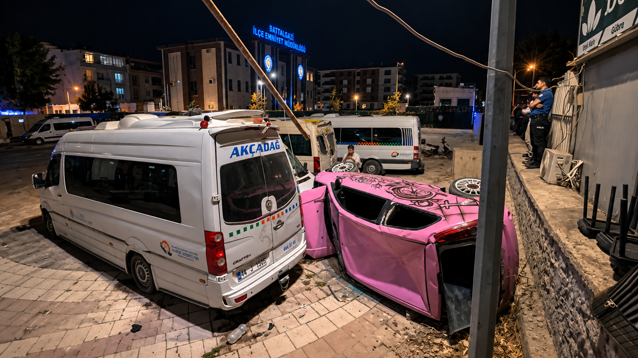 Malatya’da Faciadan Dönüldü! Otomobil Otoparka Uçup 3 Minibüse Çarptı
